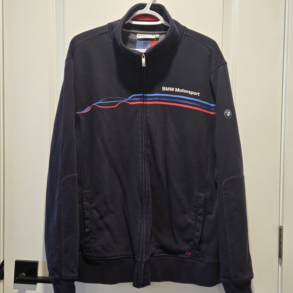 BMW Motorsport Track Jacket Men's Size XL Full Zip Sweatshirt Pockets Logo Blue